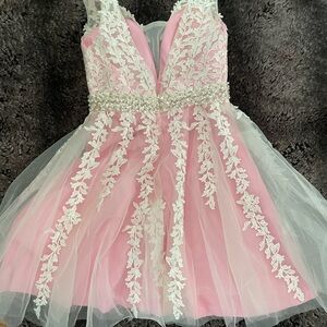 Pink and White Lace A-Line Beaded Mini Dress-Prom, Homecoming
